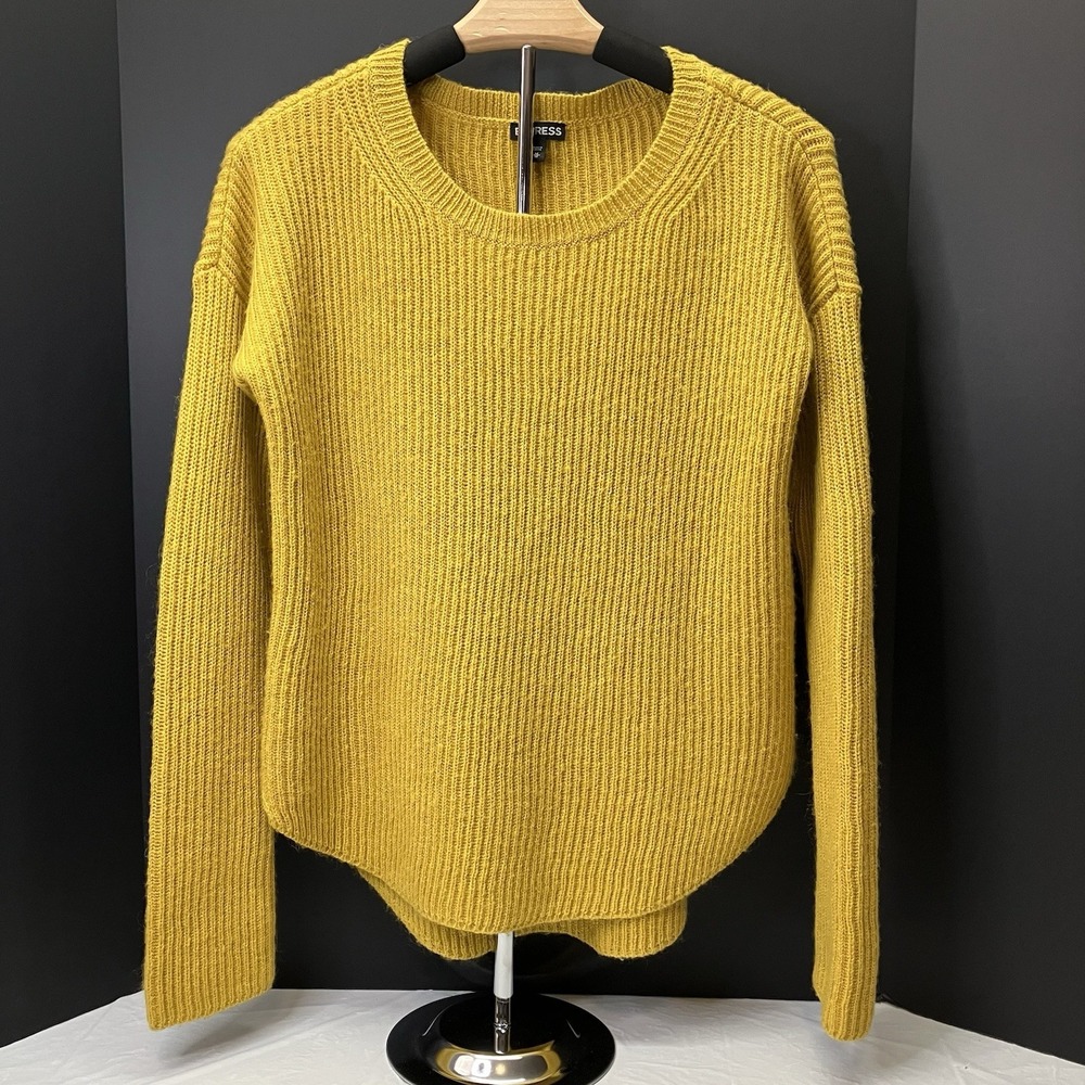 Express Womens Mustard Yellow Round‎ Hem Wool Mohair Blend Sweater Size M